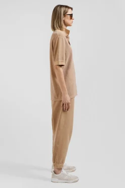 Oversized camel unisex short-sleeved cotton piqué polo shirt