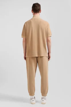 Oversized camel unisex short-sleeved cotton piqué polo shirt