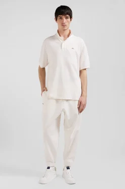 Oversized ecru unisex short-sleeved cotton piqué polo shirt