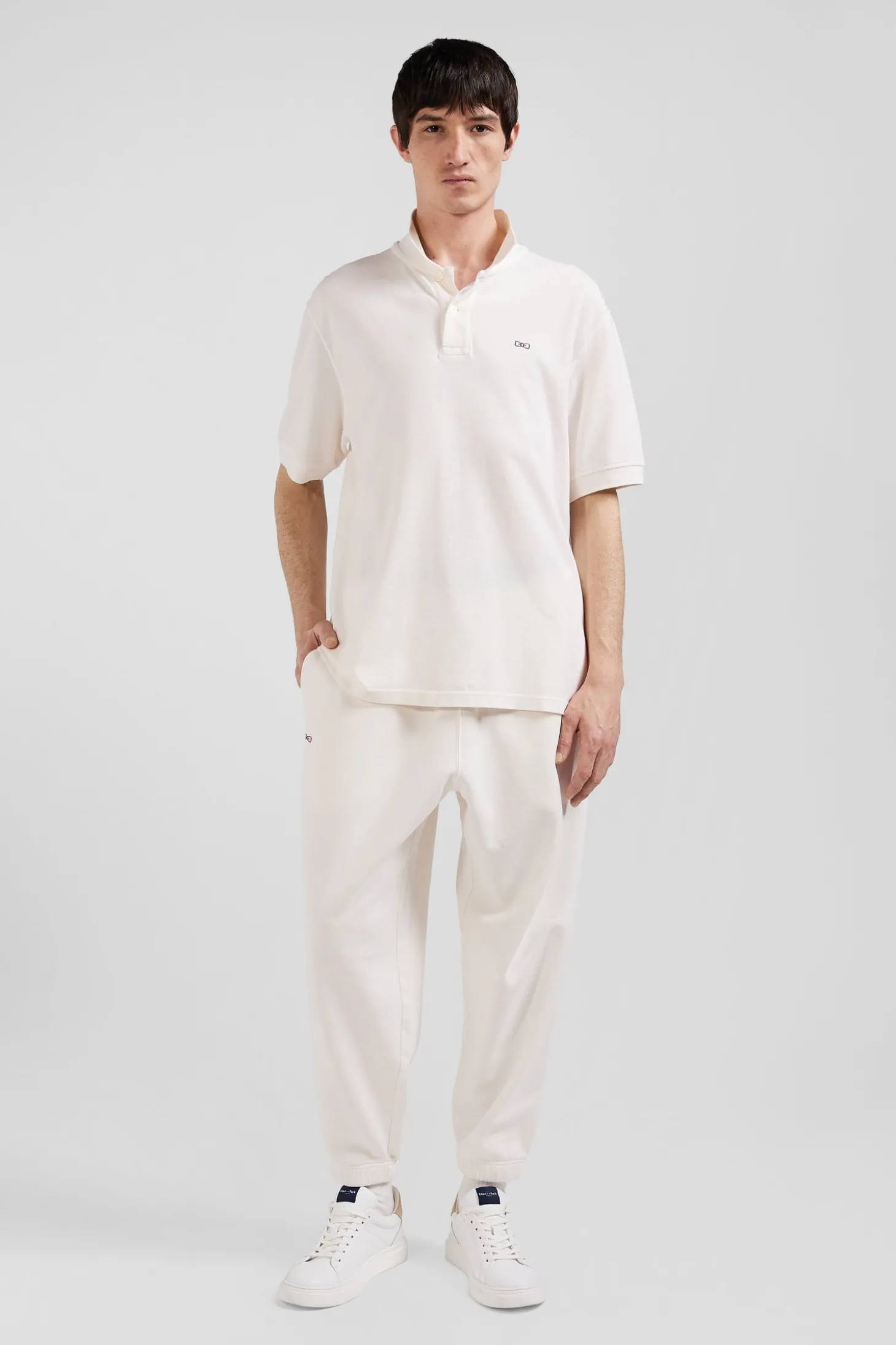 Oversized ecru unisex short-sleeved cotton piqué polo shirt