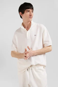 Oversized ecru unisex short-sleeved cotton piqué polo shirt