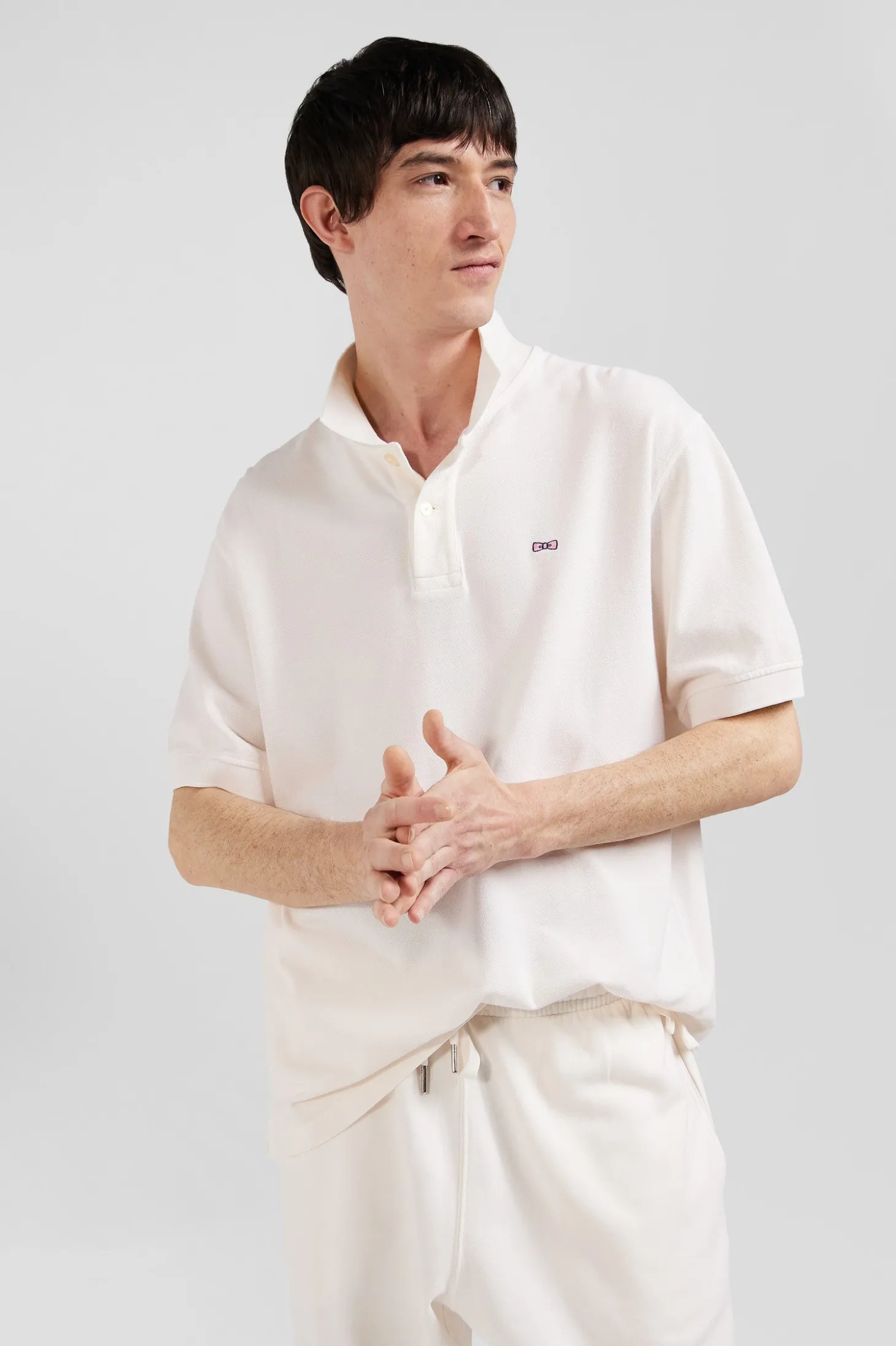Oversized ecru unisex short-sleeved cotton piqué polo shirt