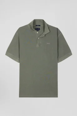 Oversized khaki unisex short-sleeved cotton piqué polo shirt