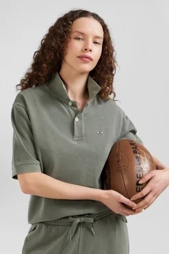 Oversized khaki unisex short-sleeved cotton piqué polo shirt