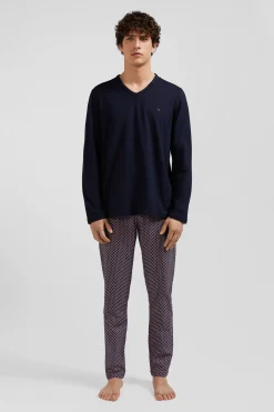 Pink long cotton pajamas with bow tie micro pattern trousers