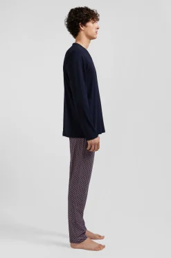 Pink long cotton pajamas with bow tie micro pattern trousers