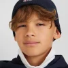 Plain navy blue cotton beanie with bow tie embroidery