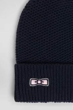 Plain navy blue cotton beanie with bow tie embroidery