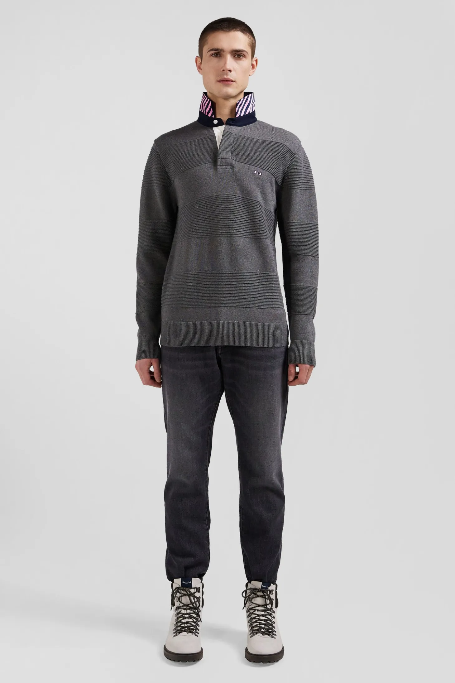 Regular anthracite grey cotton polo neck jumper