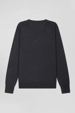 Regular anthracite grey merino wool V-neck jumper