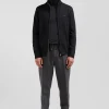 Regular anthracite grey plain wool and cotton zipped cardigan