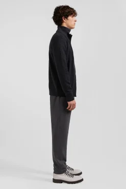 Regular anthracite grey plain wool and cotton zipped cardigan