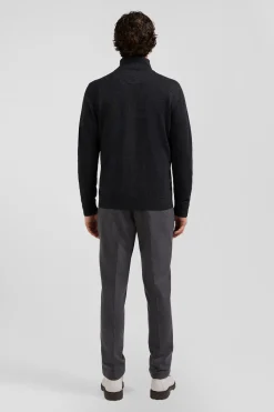 Regular anthracite grey plain wool and cotton zipped cardigan