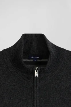 Regular anthracite grey plain wool and cotton zipped cardigan