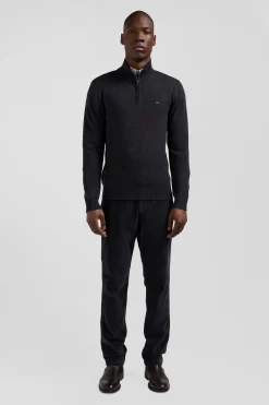 Regular anthracite grey semi-zipped wool and cotton jumper