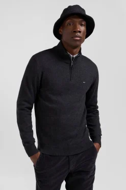Regular anthracite grey semi-zipped wool and cotton jumper