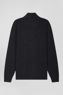 Regular anthracite grey semi-zipped wool and cotton jumper