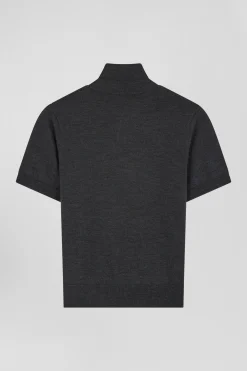 Regular anthracite grey short-sleeved wool polo neck jumper