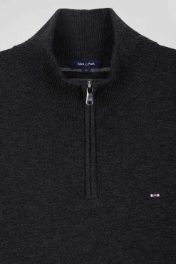 Regular anthracite grey semi-zipped wool and cotton jumper