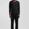Regular anthracite grey wool and cotton V-neck jumper with striped details
