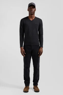 Regular anthracite grey wool and cotton V-neck jumper with striped details