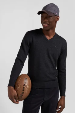 Regular anthracite grey wool and cotton V-neck jumper with striped details