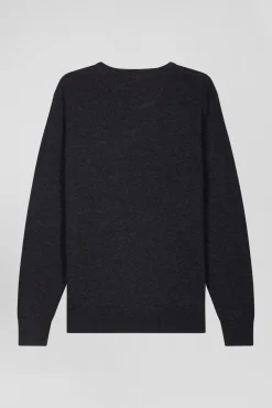 Regular anthracite grey wool and cotton V-neck jumper with striped details