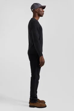 Regular anthracite grey wool and cotton V-neck jumper with striped details