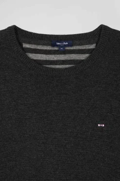 Regular anthracite grey wool and cotton crew neck jumper