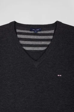 Regular anthracite grey wool and cotton V-neck jumper with striped details