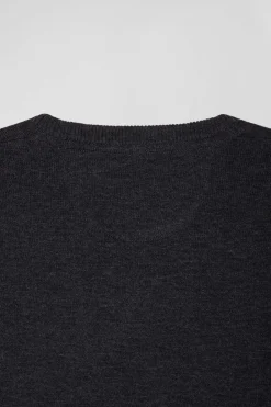 Regular anthracite grey wool and cotton V-neck jumper with striped details