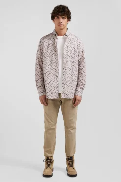 Regular beige cotton poplin shirt with microprint