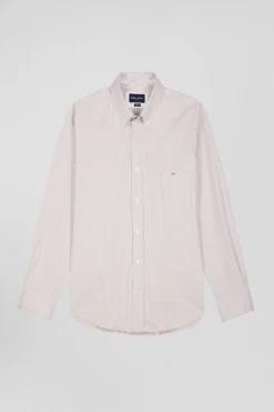 Regular beige cotton poplin shirt with baton stripes