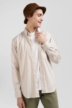 Regular beige cotton poplin shirt with baton stripes