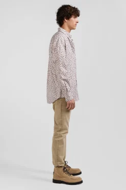 Regular beige cotton poplin shirt with microprint