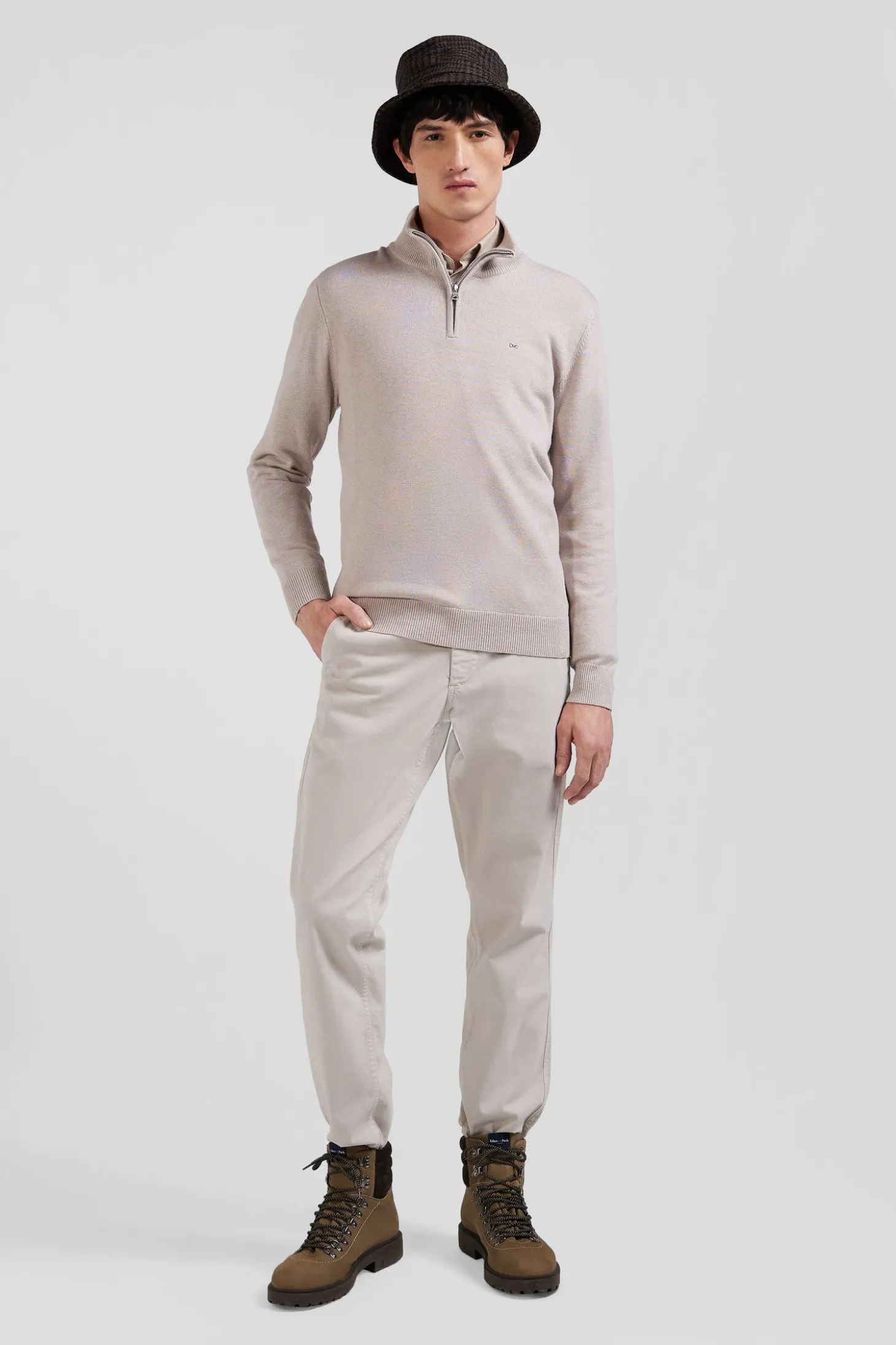 Regular beige semi-zipped wool and cotton jumper