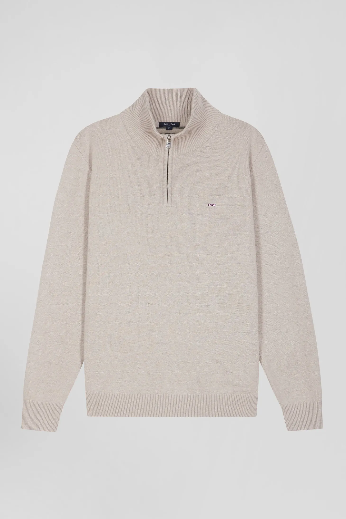 Regular beige semi-zipped wool and cotton jumper