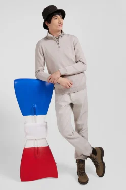 Regular beige semi-zipped wool and cotton jumper