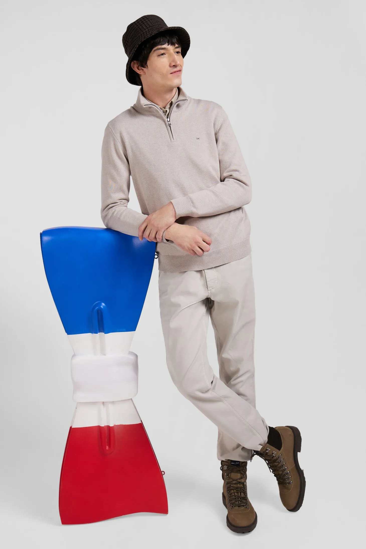 Regular beige semi-zipped wool and cotton jumper