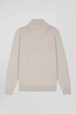 Regular beige semi-zipped wool and cotton jumper