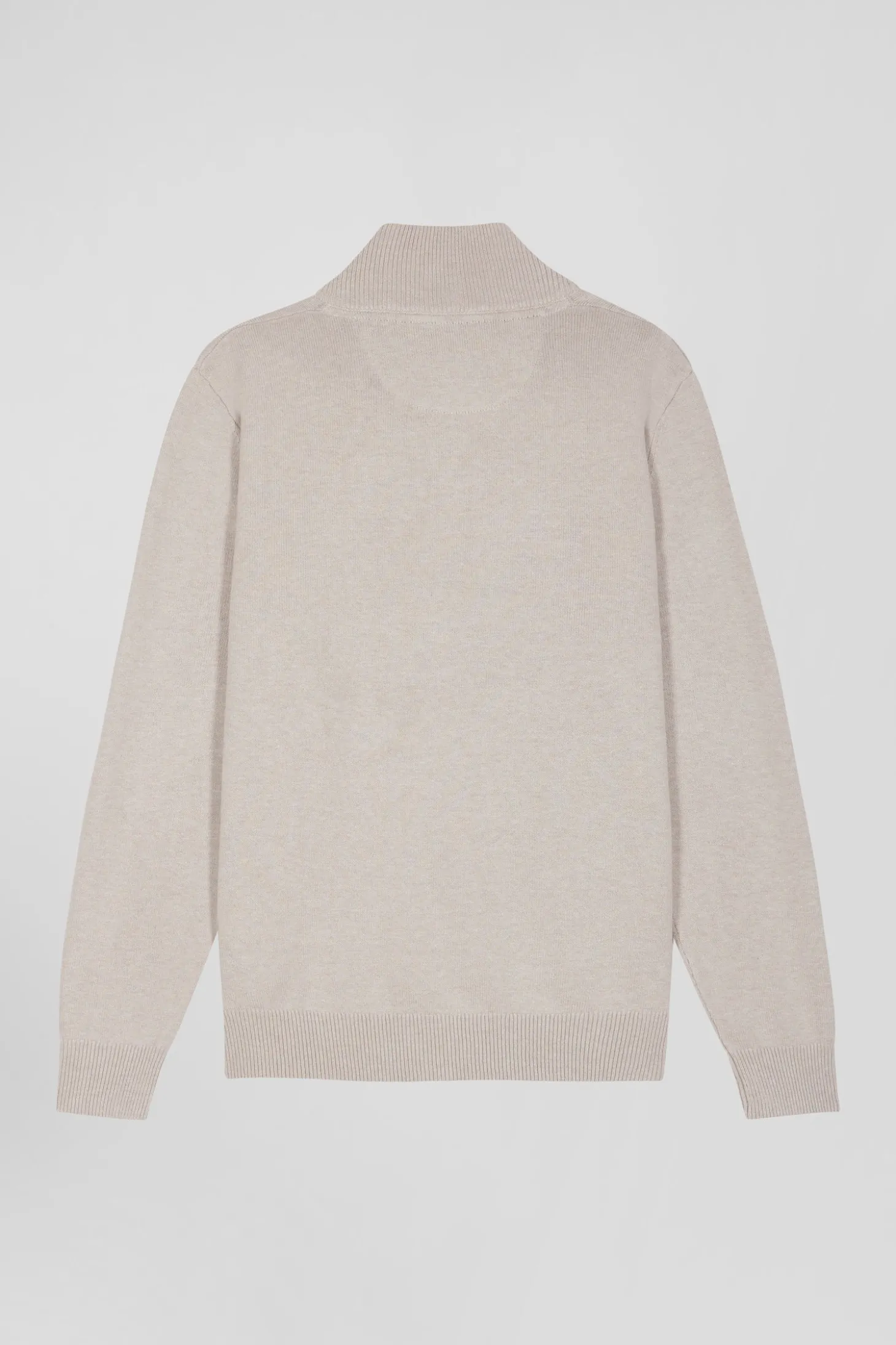 Regular beige semi-zipped wool and cotton jumper