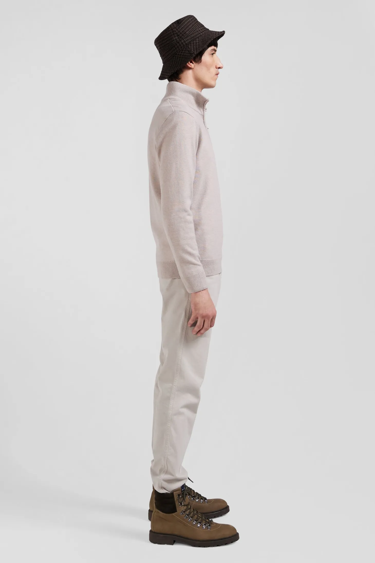 Regular beige semi-zipped wool and cotton jumper