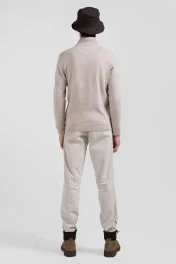 Regular beige semi-zipped wool and cotton jumper
