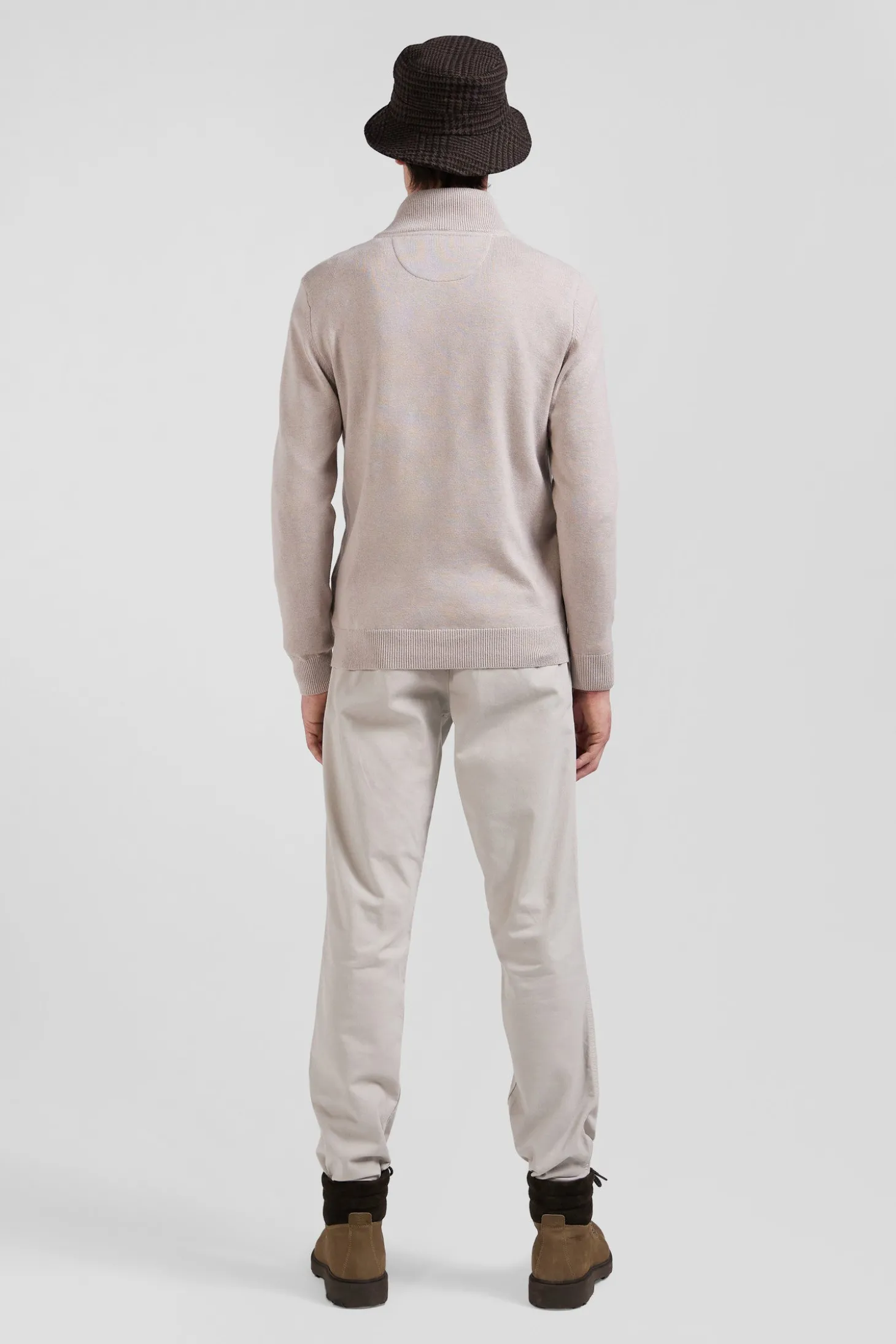 Regular beige semi-zipped wool and cotton jumper