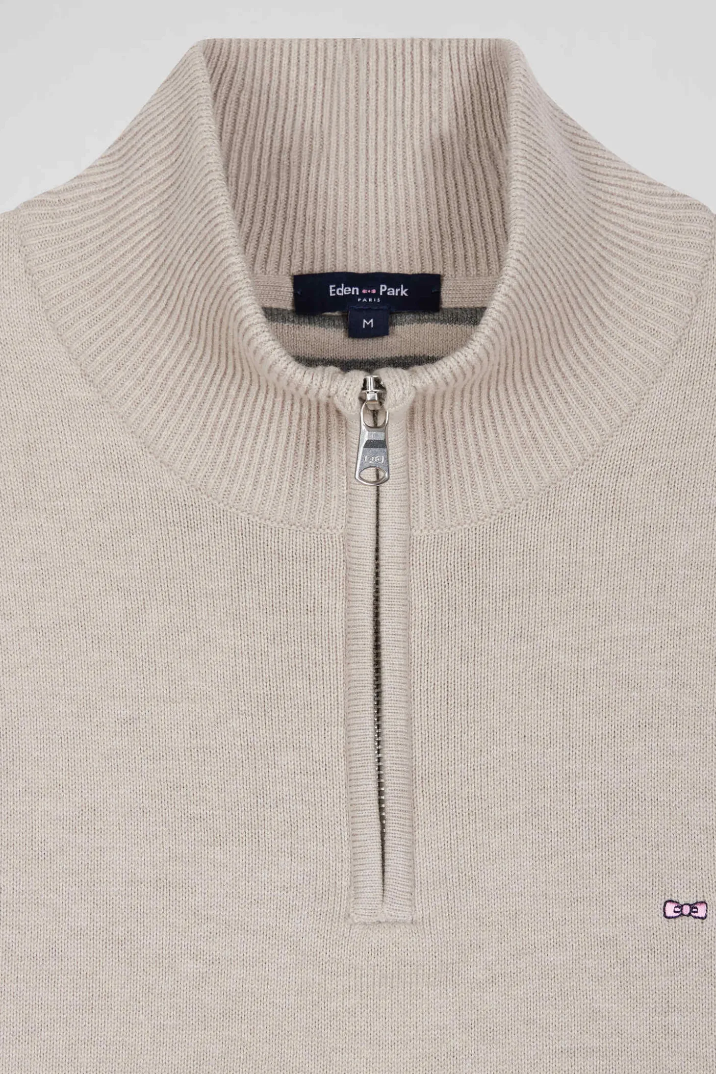 Regular beige semi-zipped wool and cotton jumper