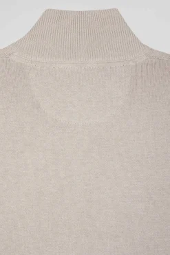 Regular beige semi-zipped wool and cotton jumper