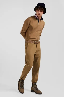 Regular beige stretch cotton piqué and modal chino trousers