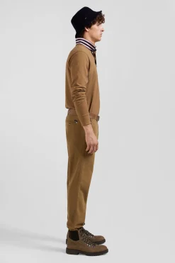 Regular beige stretch cotton piqué and modal chino trousers