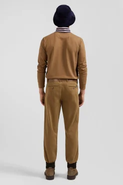 Regular beige stretch cotton piqué and modal chino trousers