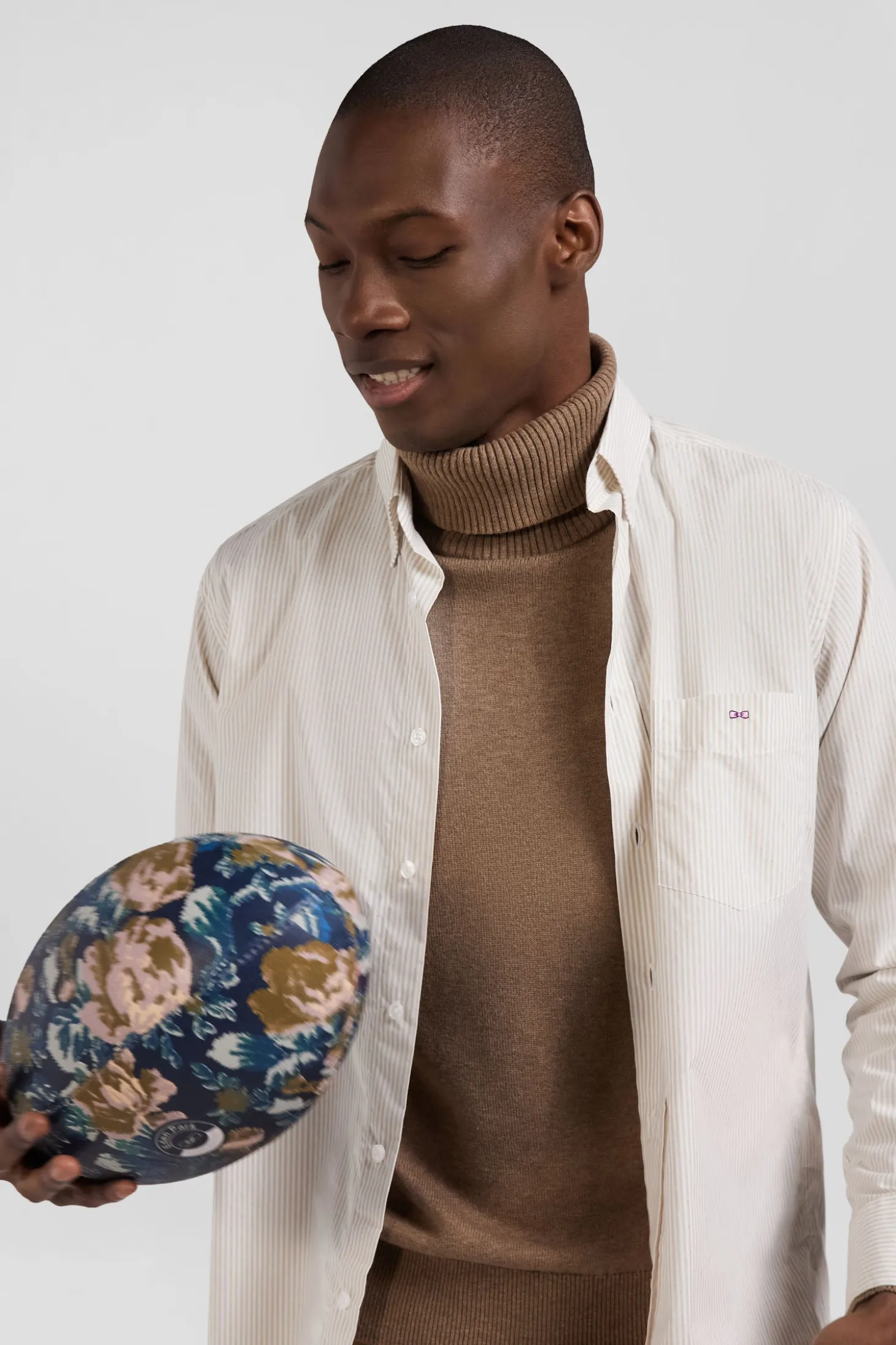 Regular Beige striped cotton jacquard shirt